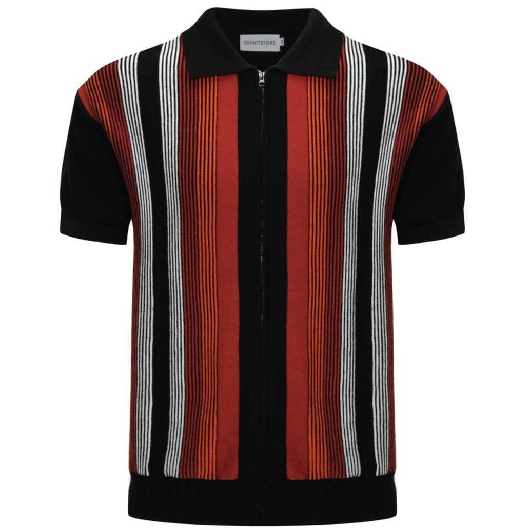 Men's Retro Stripe Knitted Zip Polo – 60s Mod Style in Dark Red and Black