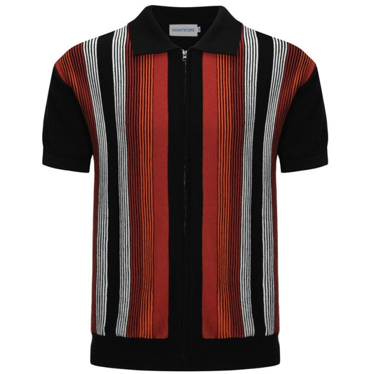 Men's Retro Stripe Knitted Zip Polo – 60s Mod Style in Dark Red and Black