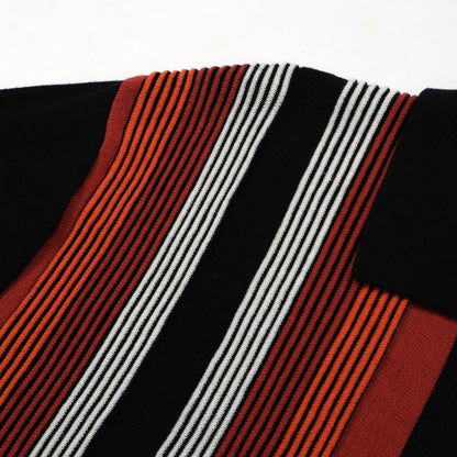 Men's Retro Stripe Knitted Zip Polo – 60s Mod Style in Dark Red and Black