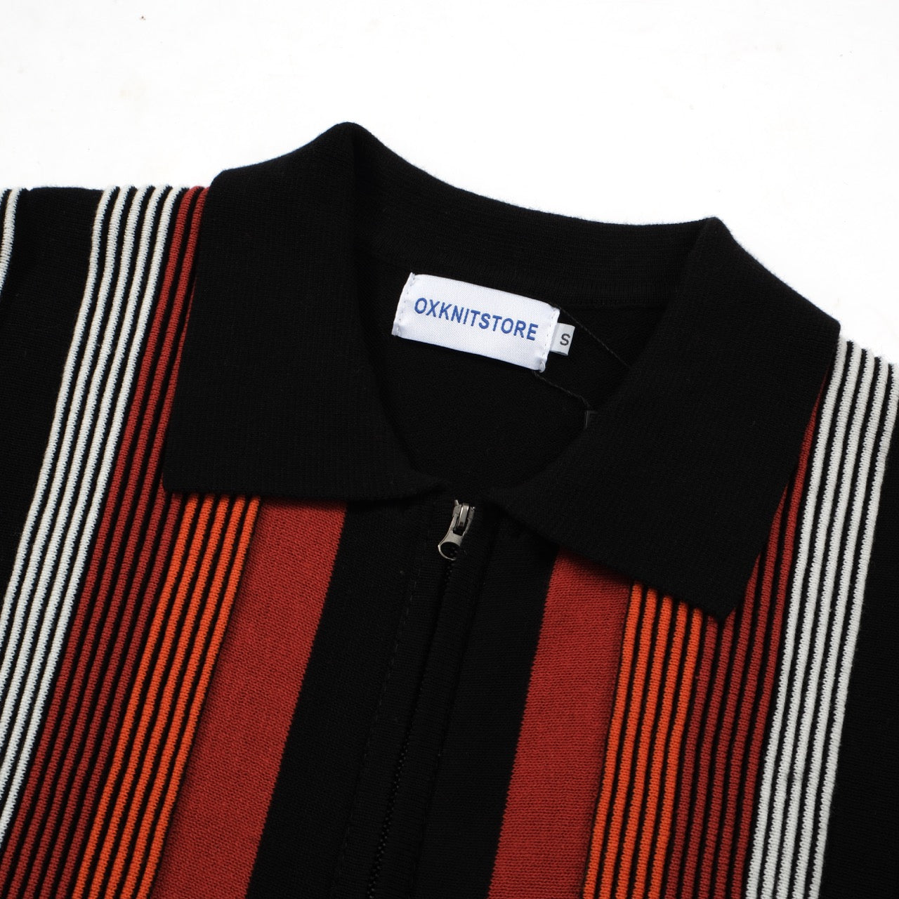 Men's Retro Stripe Knitted Zip Polo – 60s Mod Style in Dark Red and Black