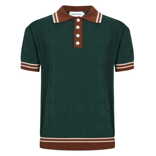 1960s Men's Green Knit Polo – Retro Brown Collar and Cuffs