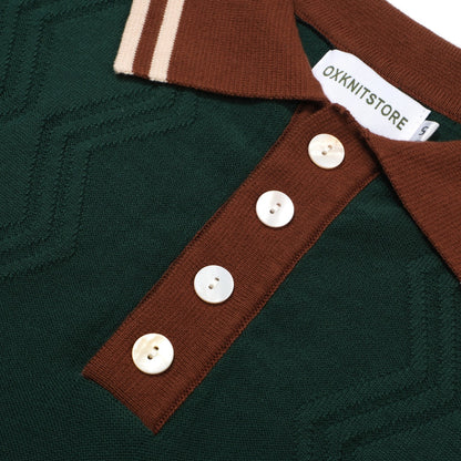 1960s Men's Green Knit Polo – Retro Brown Collar and Cuffs
