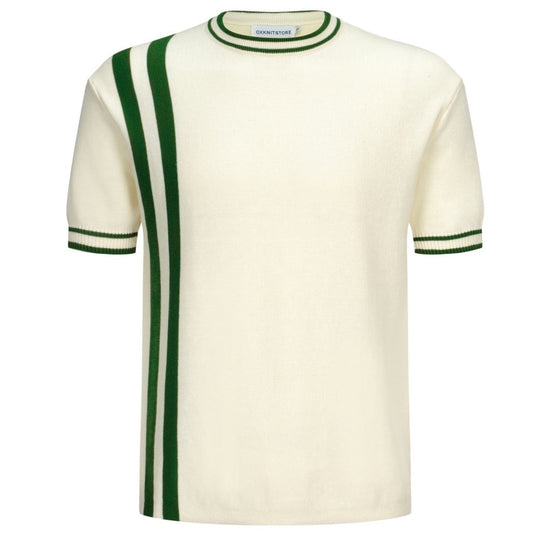 Cream mesh t-shirt for men with green stripes – 1970s Mod racing style