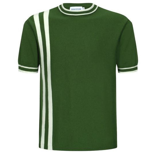 1970s Green Knitted T-shirt for Men – Retro Style with White Racing Stripe