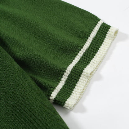 1970s Green Knitted T-shirt for Men – Retro Style with White Racing Stripe
