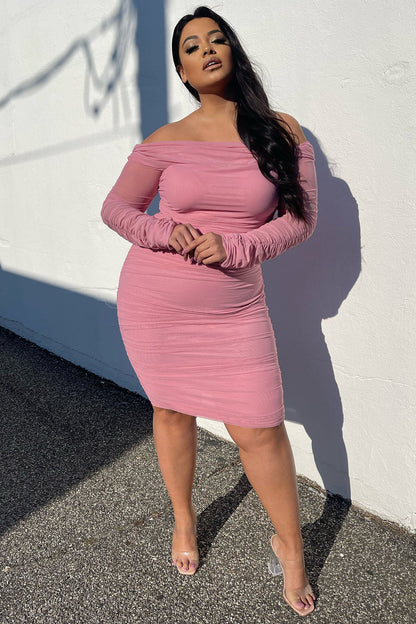 Ready in a Ruched Midi Dress with Off-the-Shoulder Sleeves - Pink