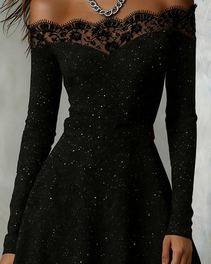 Shiny Lace Dress with Off-the-Shoulder Design