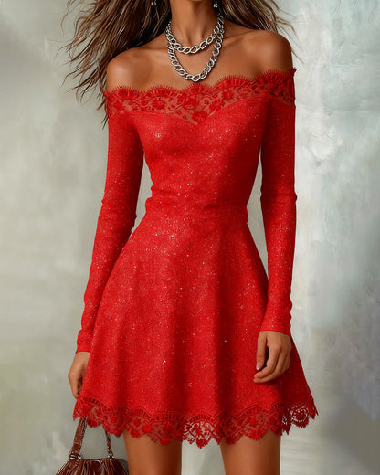 Shiny Lace Dress with Off-the-Shoulder Design
