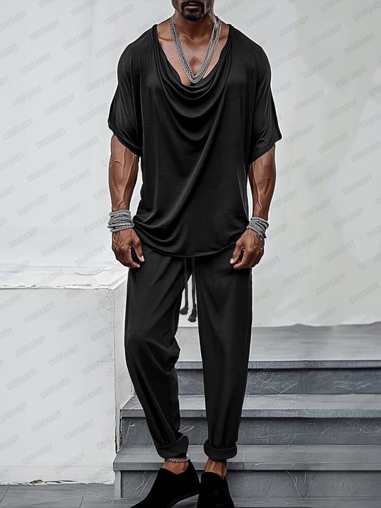 Top and Trouser Set with Draped Collar