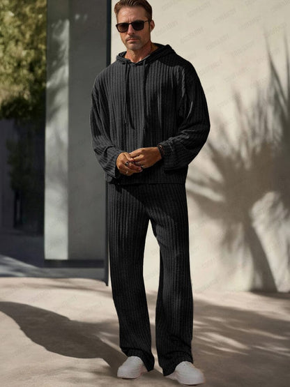 Striped Knit Hooded Leisure Sweatshirt Set
