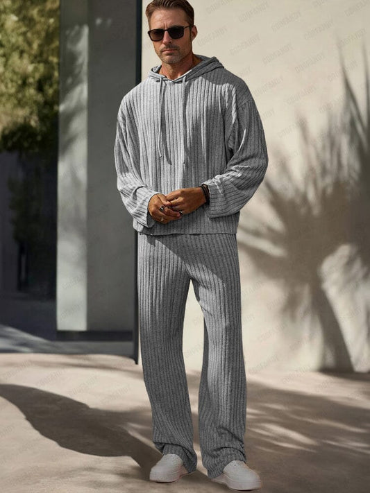 Striped Knit Hooded Leisure Sweatshirt Set