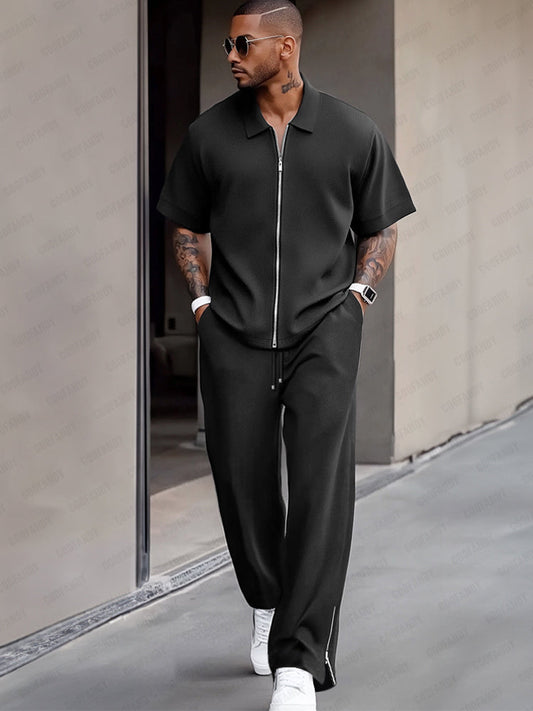 Simple and Refined Zip Design Shirt Set