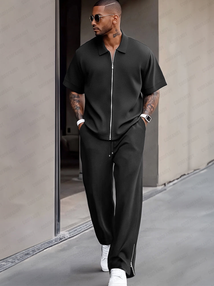 Simple and Refined Zip Design Shirt Set