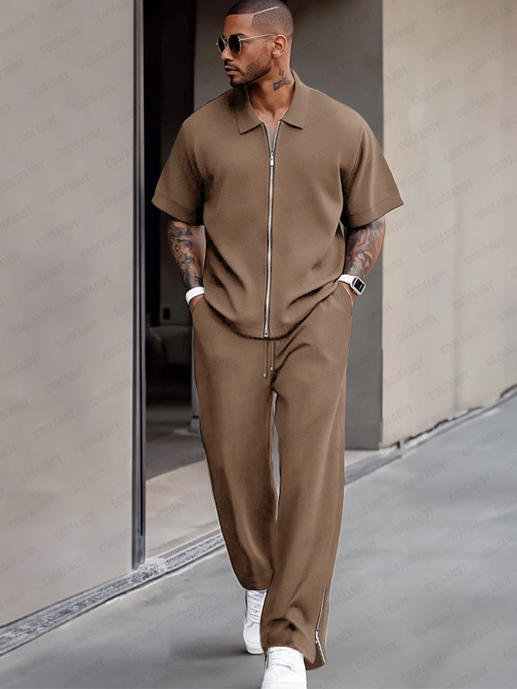 Simple and Refined Zip Design Shirt Set