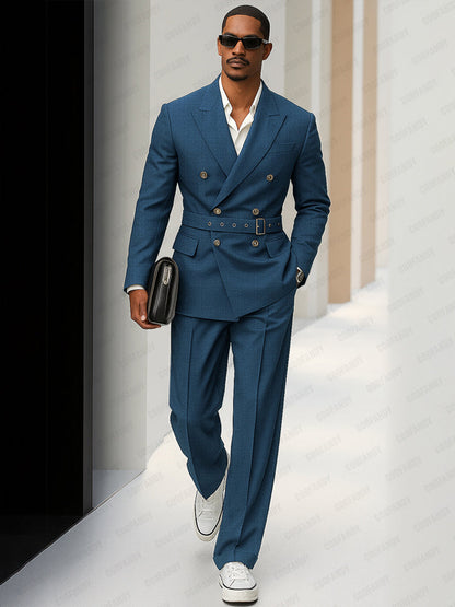 Modern Double-Breasted Belted Suit Set