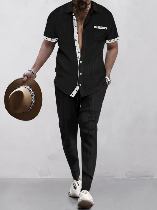 Elegant Contrast Waffle Shirt Set