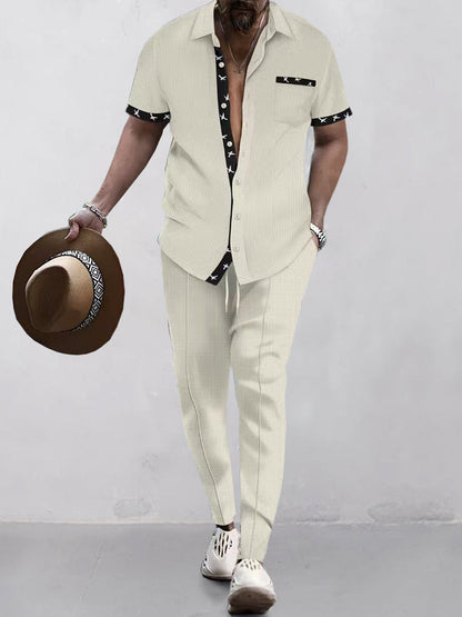 Elegant Contrast Waffle Shirt Set