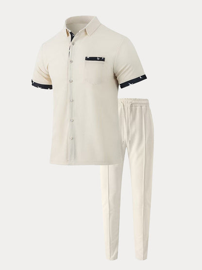 Elegant Contrast Waffle Shirt Set