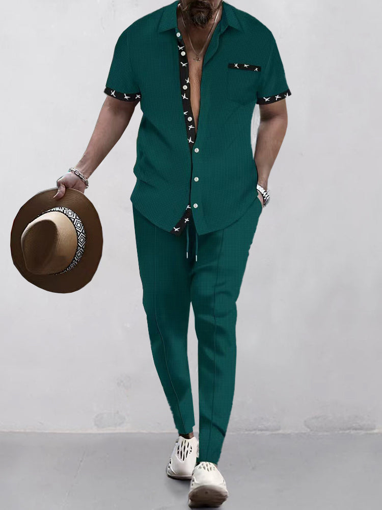 Elegant Contrast Waffle Shirt Set