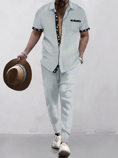 Elegant Contrast Waffle Shirt Set