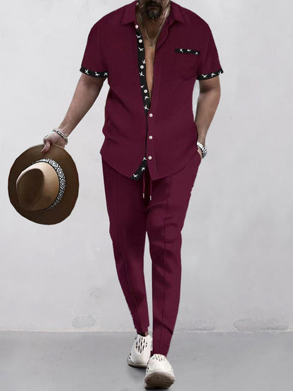 Elegant Contrast Waffle Shirt Set