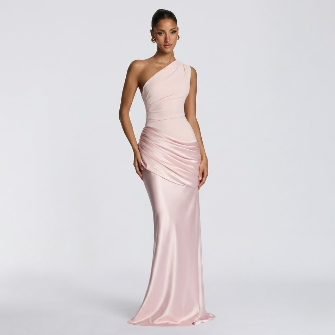 Women’s Elegant One Shoulder Ruched Evening Maxi Dress