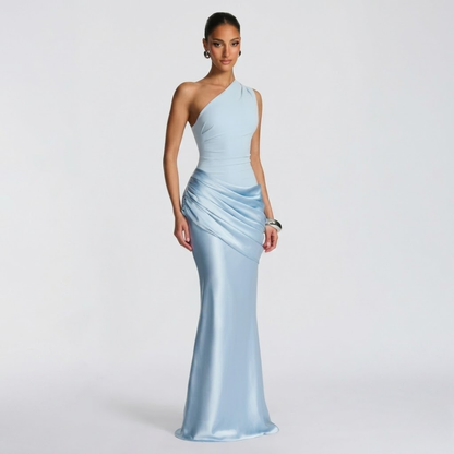 Women’s Elegant One Shoulder Ruched Evening Maxi Dress