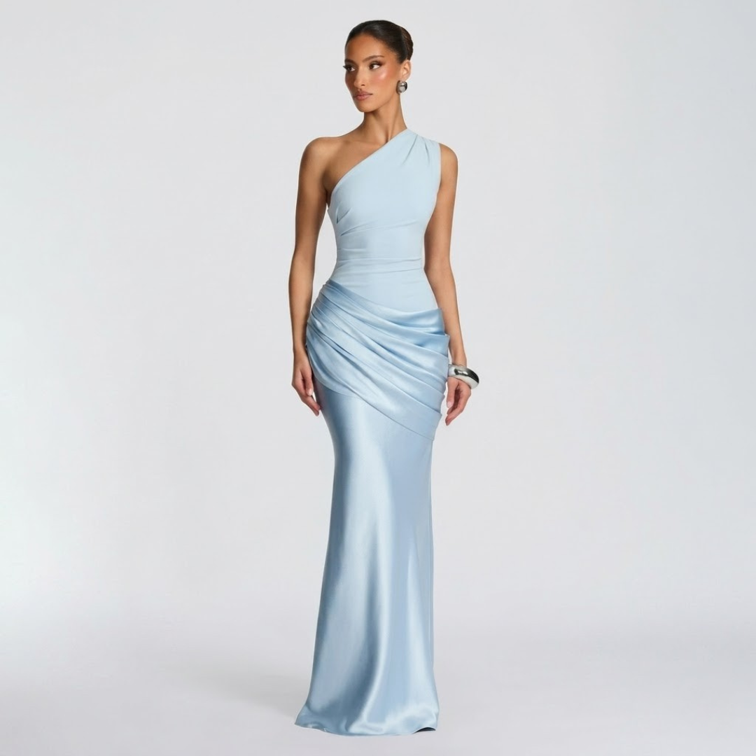 Women’s Elegant One Shoulder Ruched Evening Maxi Dress