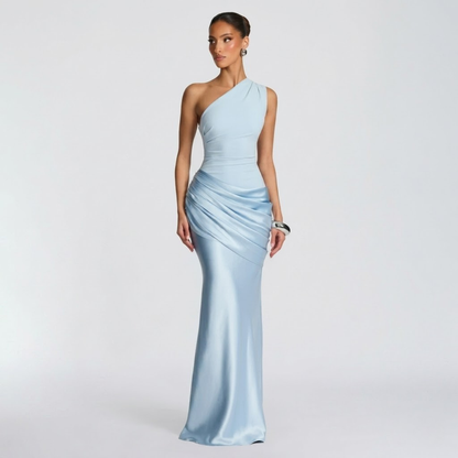 Women’s Elegant One Shoulder Ruched Evening Maxi Dress