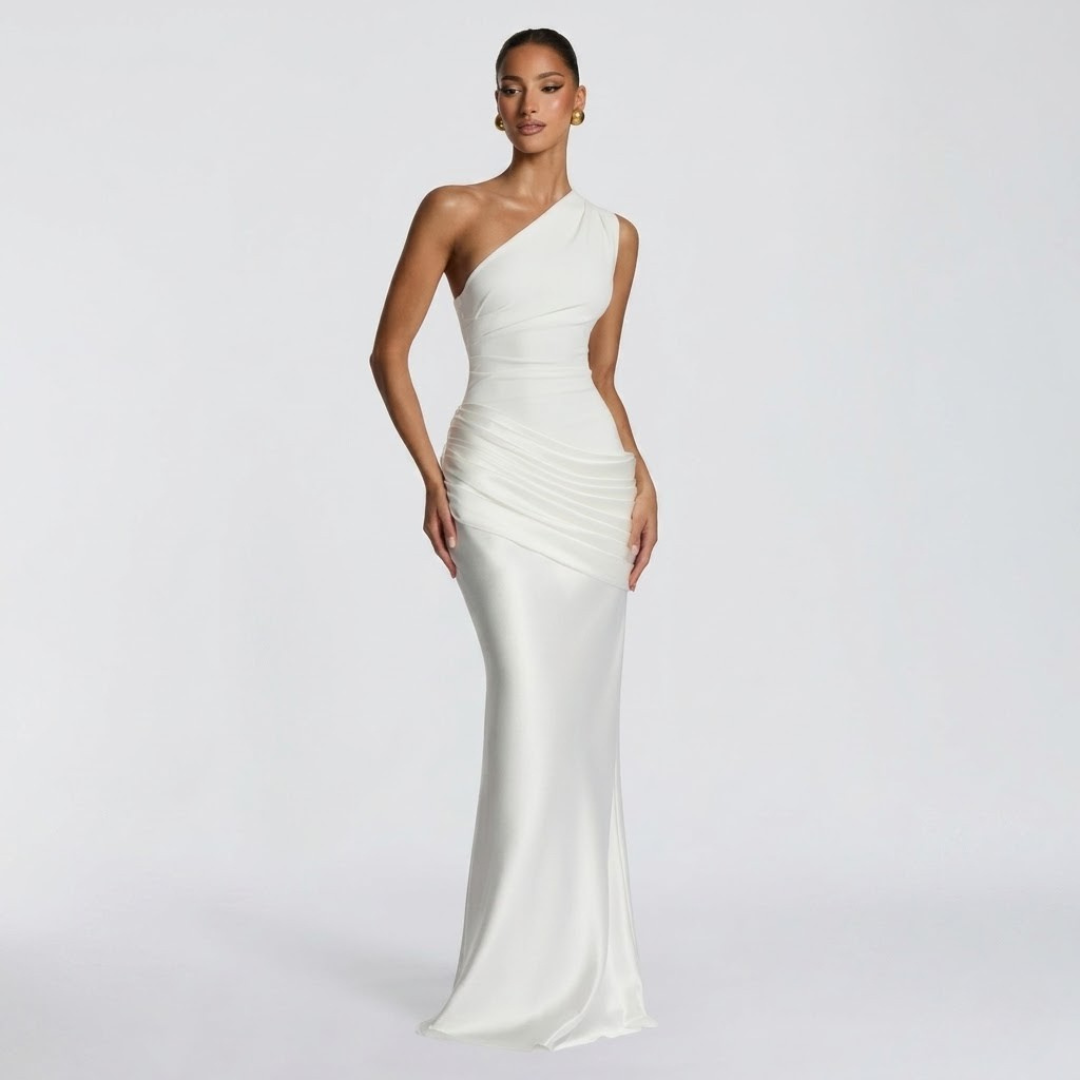 Women’s Elegant One Shoulder Ruched Evening Maxi Dress
