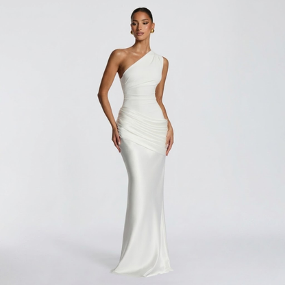 Women’s Elegant One Shoulder Ruched Evening Maxi Dress
