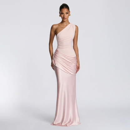 Women’s Elegant One Shoulder Ruched Evening Maxi Dress
