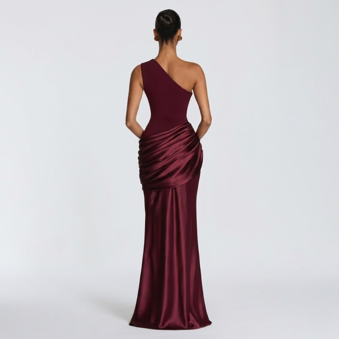 Women’s Elegant One Shoulder Ruched Evening Maxi Dress