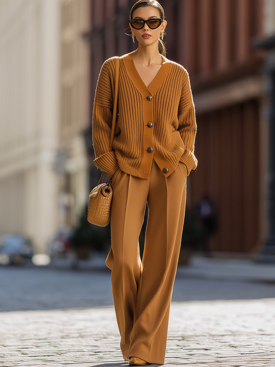Eda - Caramel Ribbed Knit Cardigan and Wide Leg Trousers