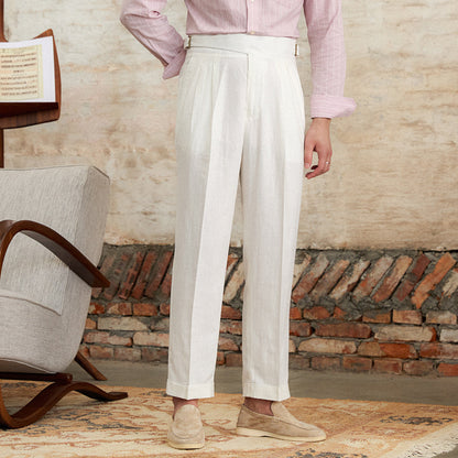 Straight Trousers with Double Pleats in Napolitana Linen Blend