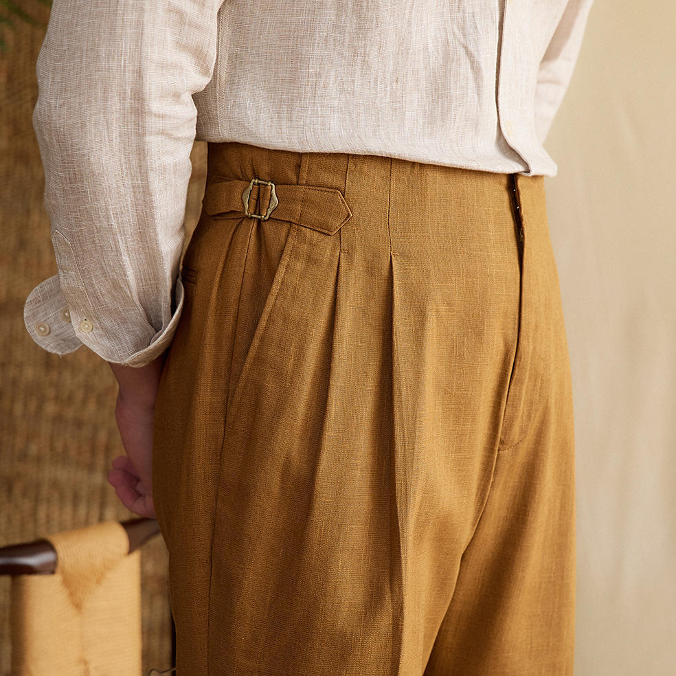 Semplice Trousers in Linen Blend with Double Pleat and Straight Cut