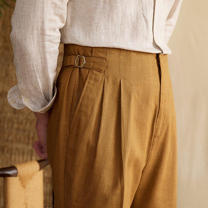 Semplice Trousers in Linen Blend with Double Pleat and Straight Cut