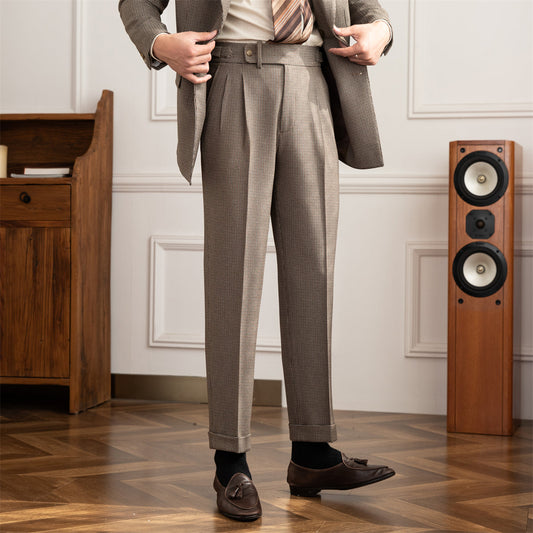 Cambridge Houndstooth Straight Pleated Trousers
