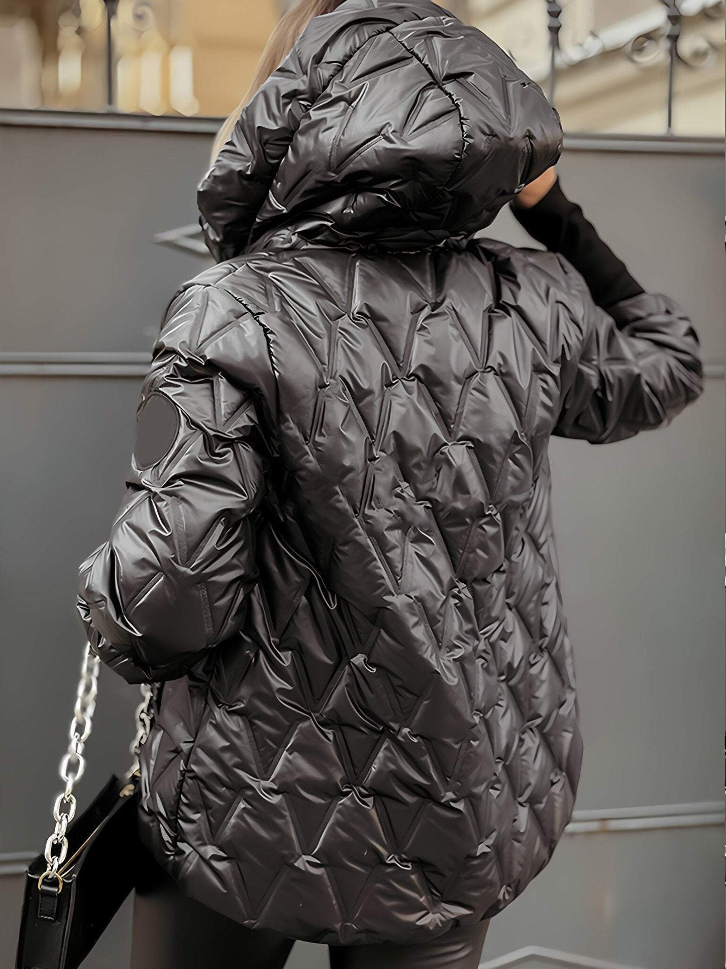 Cotton Hooded Jacket for Women with Long Sleeves for Autumn and Winter in Diamond Patchwork