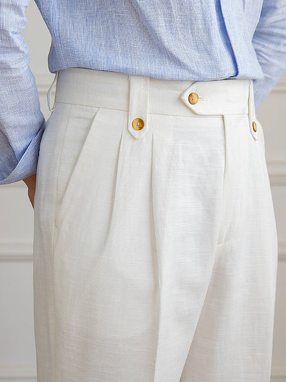 Straight Trousers with Double Pleat in Linen Blend
