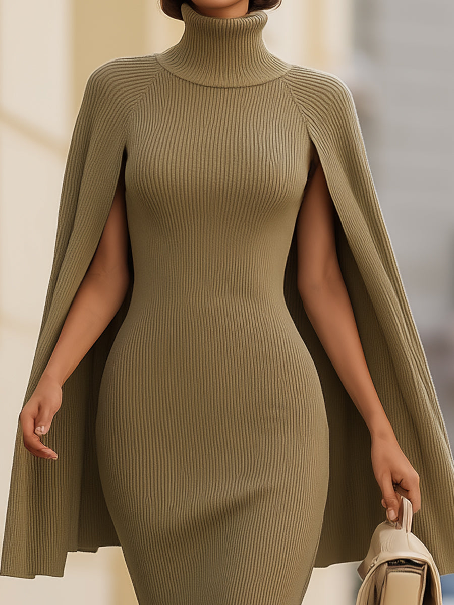 Aaliyah - Ribbed Knit Cape Dress with High Neck