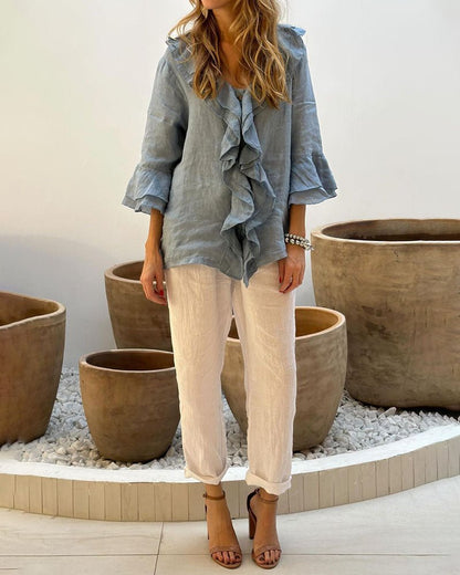 Kiwi | Ruched Linen and Cotton Sleeve Top