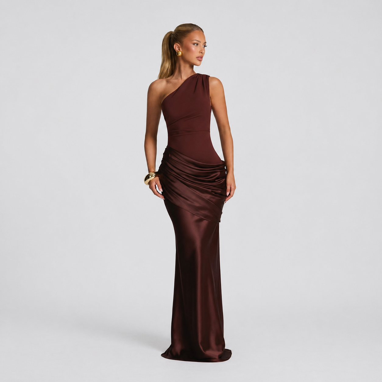 Women’s Elegant One Shoulder Ruched Evening Maxi Dress