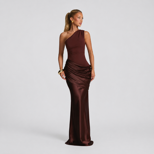 Women’s Elegant One Shoulder Ruched Evening Maxi Dress