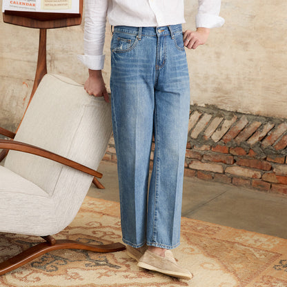 Pleated Straight Leg Cotton Denim Trousers Alassio