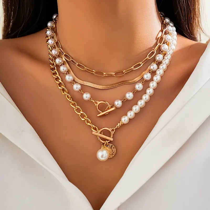 Vintage pearl and gold snake chain necklace set