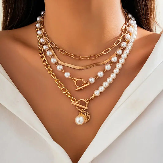 Vintage pearl and gold snake chain necklace set
