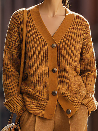 Eda - Caramel Ribbed Knit Cardigan and Wide Leg Trousers