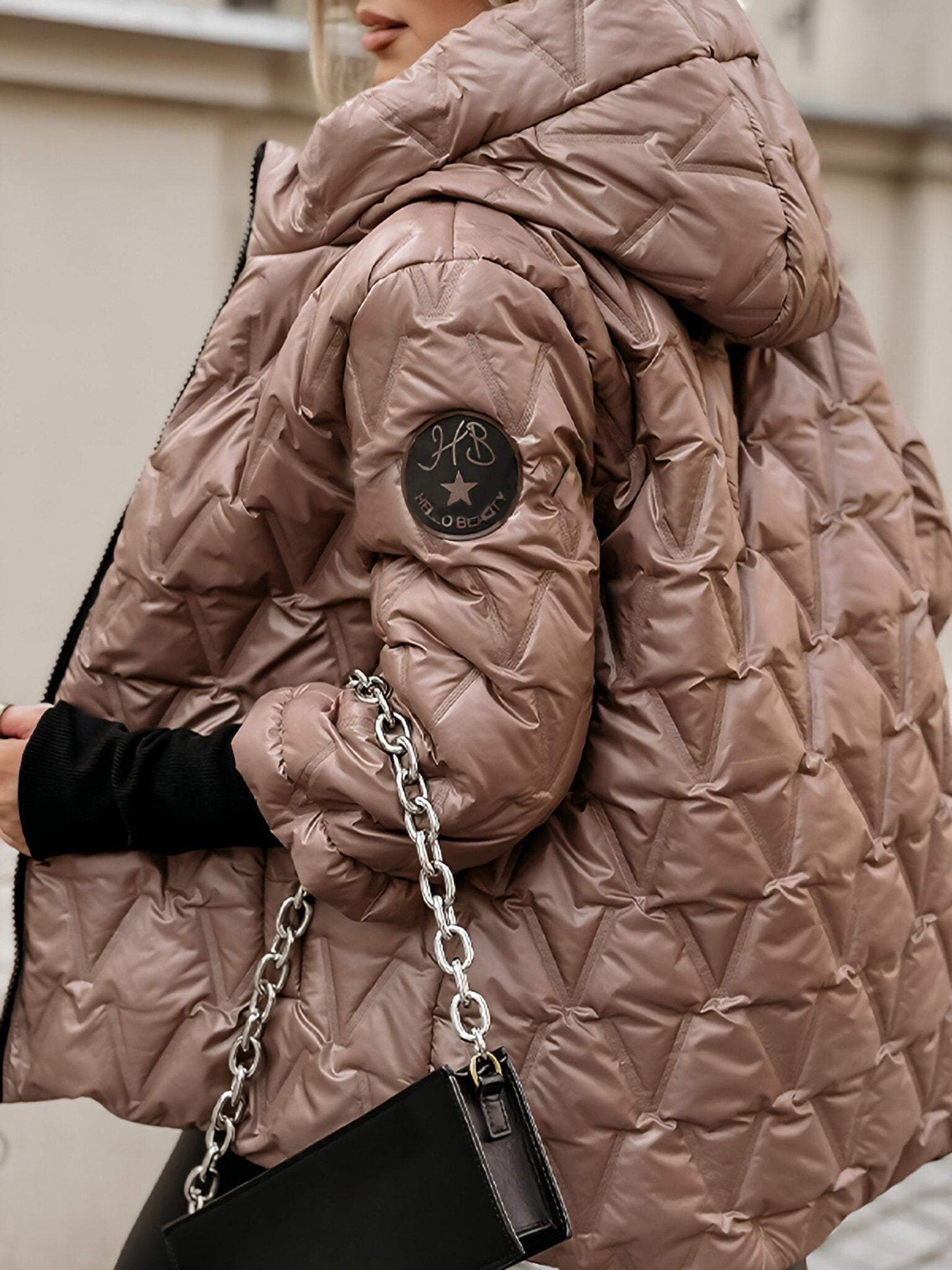 Cotton Hooded Jacket for Women with Long Sleeves for Autumn and Winter in Diamond Patchwork