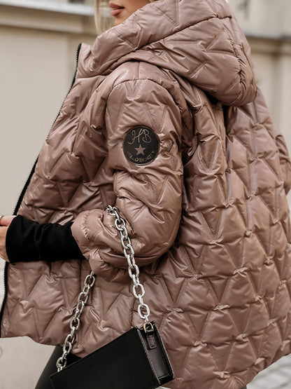 Cotton Hooded Jacket for Women with Long Sleeves for Autumn and Winter in Diamond Patchwork